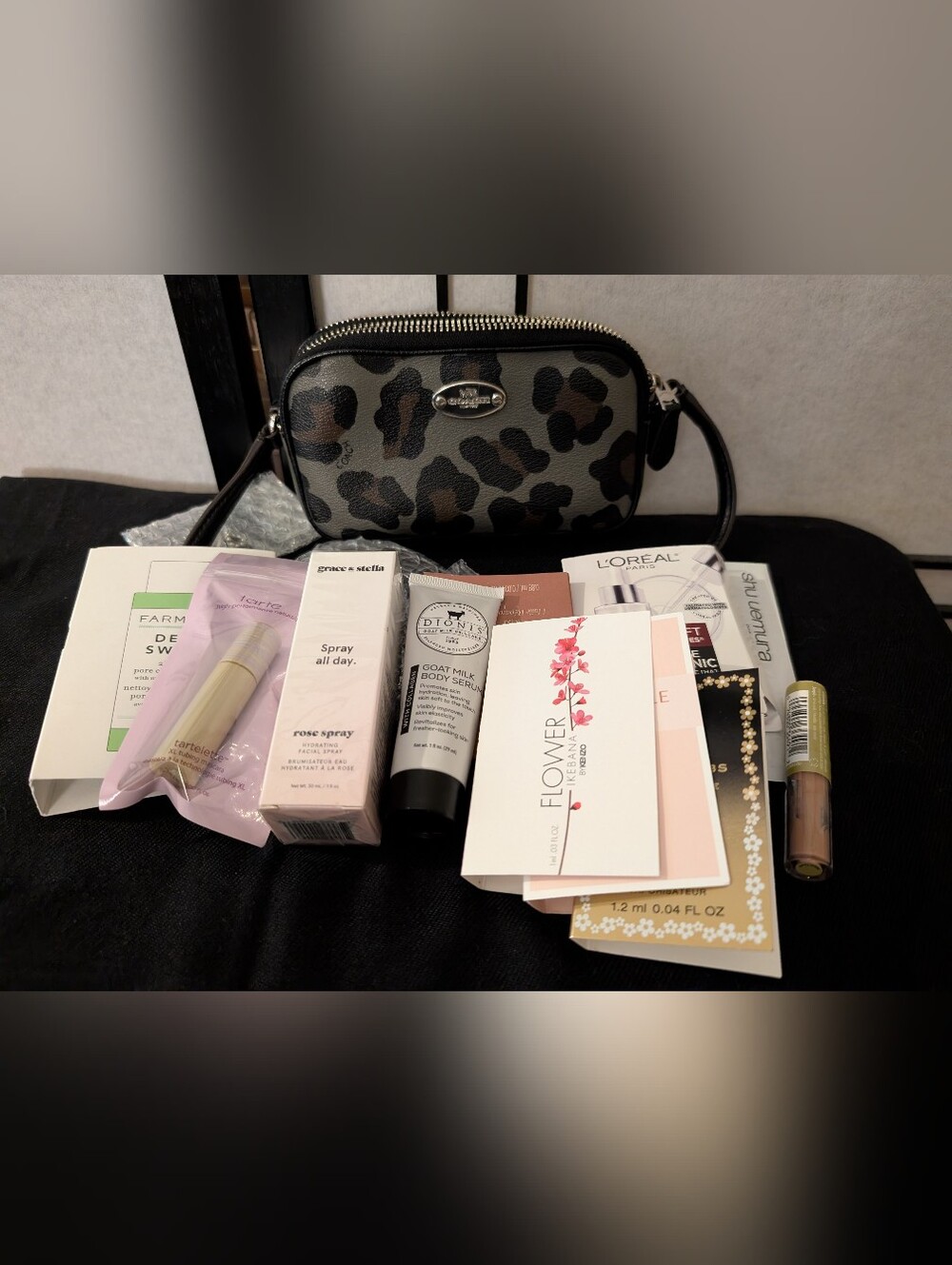 Coach Ocelot Leopard Double Zip Crossbody + Beauty Bundle